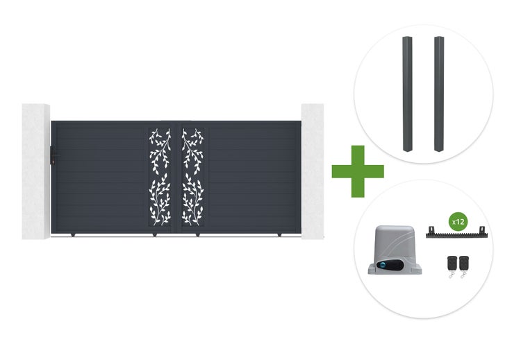 Set aus Schiebetor mit Blättermotiv, Führungspfosten und elektrischem Torantrieb mit Fernbedienungen und Zahnstangen