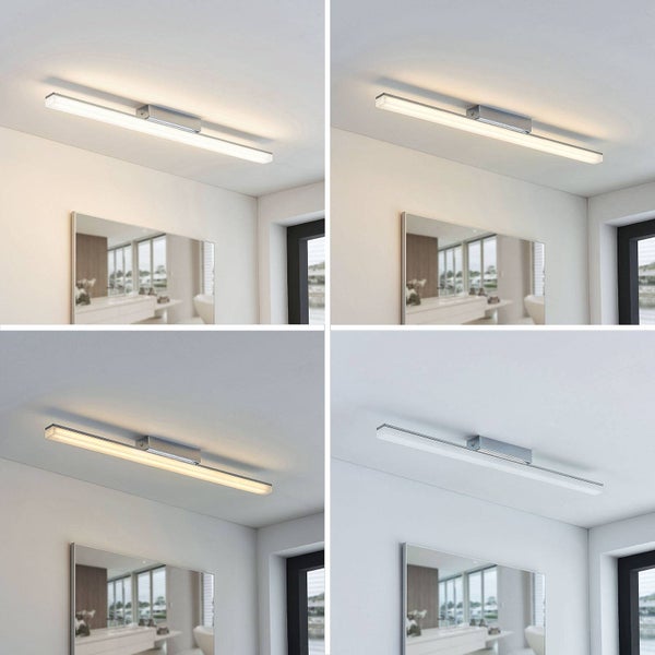 Schlanke LED-Badezimmerleuchte über einem Spiegel, dargestellt in verschiedenen Farbtemperaturen von warmweiß bis tageslichtweiß.