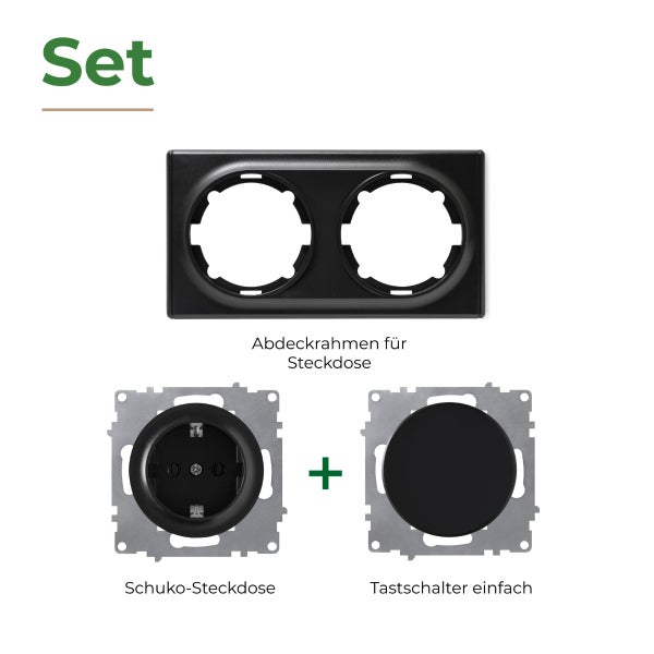 Set bestehend aus zweifachem Abdeckrahmen, Schuko Steckdose und einfachem Tastschalter für Unterputzmontage