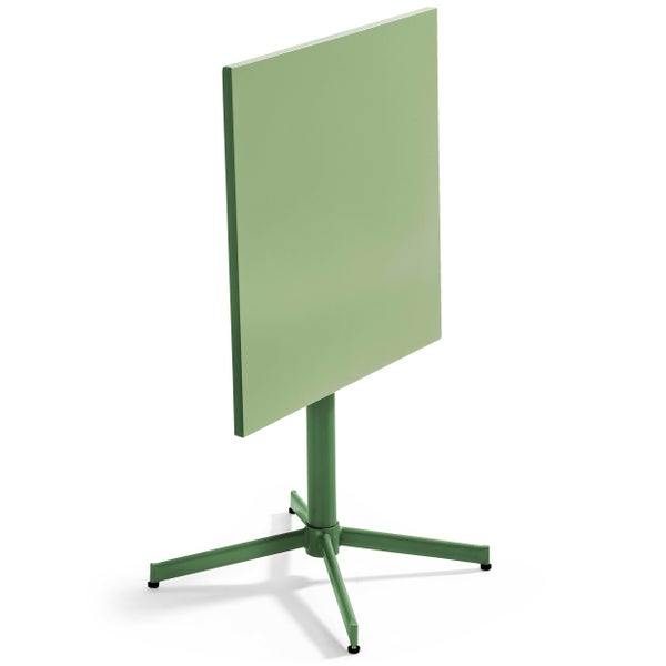 Grüner, quadratischer Bistrotisch aus Metall mit klappbarer Tischplatte und Vierfuß-Gestell.