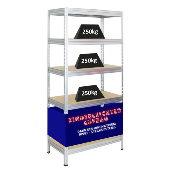 PROREGAL Schwerlastregal Rivet HxBxT 180 x 90 x 45 cm Fachlast 250 kg Innovatives Stecksystem Verzinkt