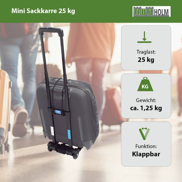 Mini Sackkarre von Trutzholm mit 25 Kilogramm Traglast und klappbarer Funktion für den Transport von Reisegepäck.