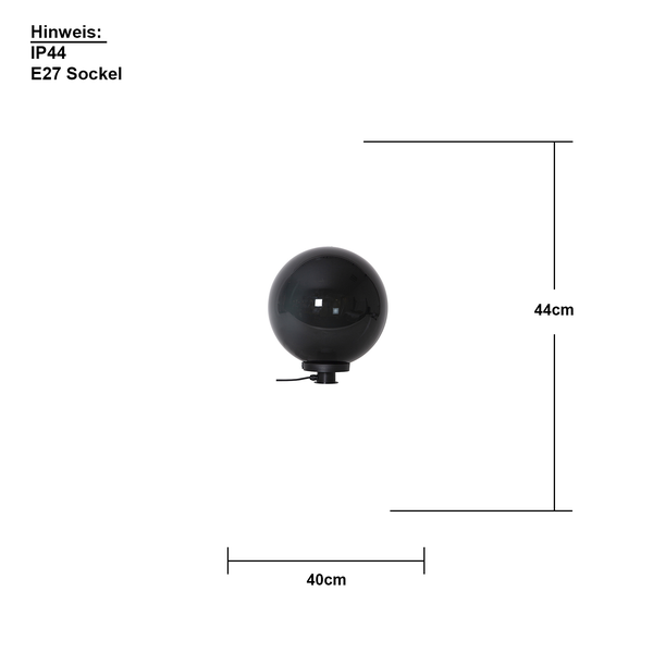 Schwarze Kugel-Außenleuchte mit E27 Fassung und Schutzart IP44, circa 40 mal 44 Zentimeter