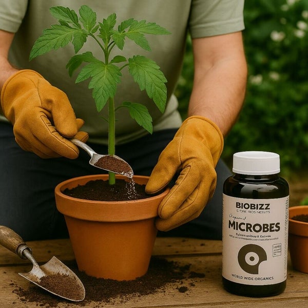 Person fügt einer Pflanze im Topf mit einem Löffel Bodenverbesserer hinzu. Biobizz Microbes Flasche steht auf einem Holztisch.