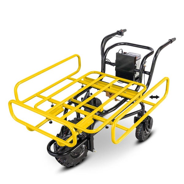 Elektrische Schubkarre mit gelbem Rahmen und schwarzem Akku.