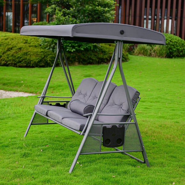 Home Deluxe - Hollywoodschaukel DESCANSO Grau mit Abdeckung - 3-Sitzer, B/H/L 115cm x 195cm x 198cm, inkl. Getränkehalter, Sitz- und Rückenkissen I Gartenliege Gartenlounge Schaukelliege