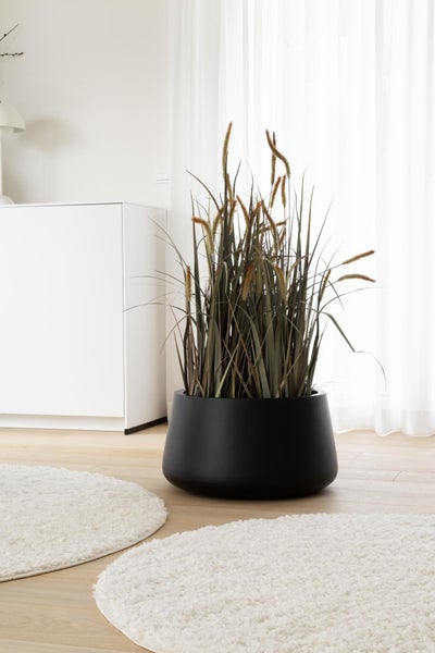 Großer schwarzer Pflanzkübel mit Ziergras in einem hellen, modernen Raum mit Holzboden, weißen Teppichen und Vorhängen.