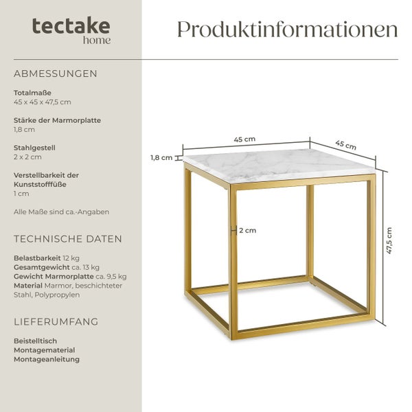 Produktinformationen zu einem Beistelltisch mit Marmorplatte und Stahlgestell