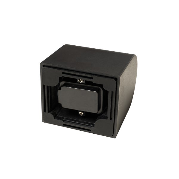 Außenwandleuchte in Würfelform, schwarz, Rückansicht mit Details zur Wandmontage.