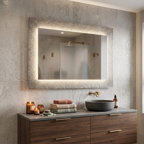 Moderner Badezimmerspiegel mit LED-Beleuchtung und strukturiertem Silberrahmen über Waschtisch aus dunklem Holz mit Natursteinwaschbecken.