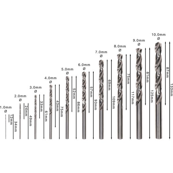 Sortiment an Spiralbohrern mit unterschiedlichen Durchmessern und Längen