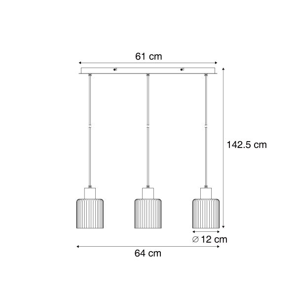 Maßskizze einer dreiflammigen Pendelleuchte: Breite 64 Zentimeter, Höhe 142,5 Zentimeter, Schirmdurchmesser 12 Zentimeter.