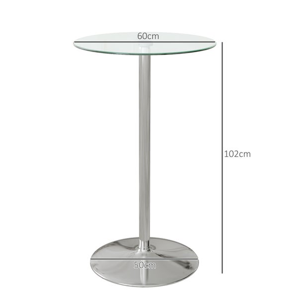 HOMCOM Stehtisch Bartisch Esstisch für 2 Personen Bistrotisch mit Tischplatte aus Hartglas, Küchentisch für Küche, Esszimmer, Stahl, Transparent, Ø60 x 102 cm