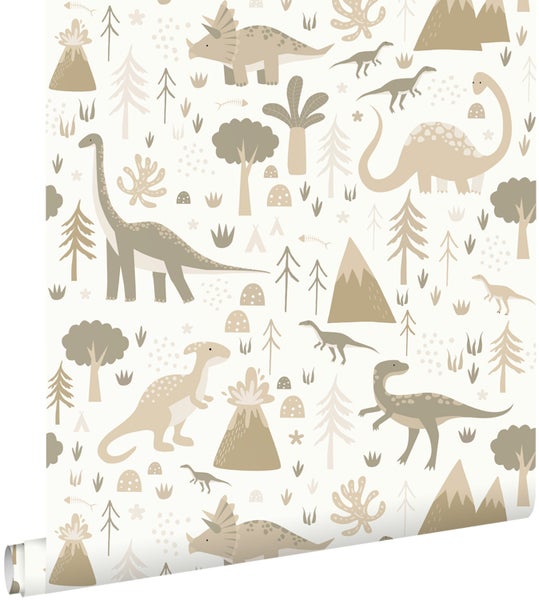 Kinderzimmer mit Betthimmel, Dinosauriertapete und Stofftier