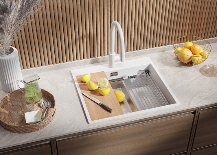 PRIMAGRAN Granitspüle Alles Weiß 58x53cm, Spülbecken 1 Becken + Küchenarmatur 32x20cm + Ablauf-Set + Küchenzubehörset, Küchenspüle ab 60er Unterschrank - Oslo Max