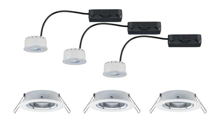 Set aus drei Einbaustrahlern mit LED Leuchten und Anschlussgehäusen für die Deckenmontage