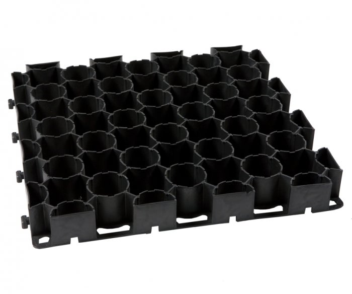 Schwarze Rasengitterplatte aus Kunststoff zur Bodenbefestigung mit runden Kammern.