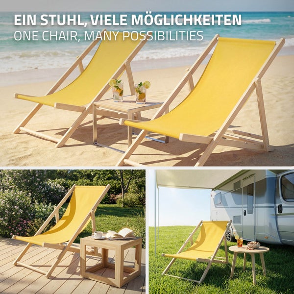 Faltbarer Holzliegestuhl mit gelbem Stoff in drei Umgebungen: am Strand, im Garten auf einer Terrasse und beim Camping neben einem Wohnmobil.