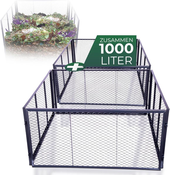 Metall-Drahtkomposter Set bestehend aus zwei Einheiten mit einem Gesamtvolumen von 1000 Litern für Gartenabfälle.