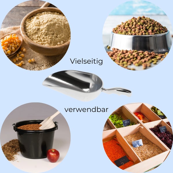 Produktbild mit einer Schaufel und Anwendungsbeispielen für verschiedene Schüttgüter