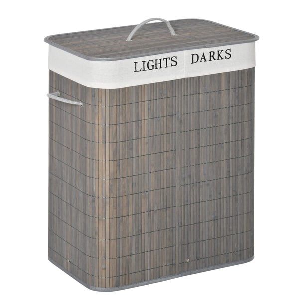 HOMCOM Bambus Wäschekorb schmal mit Deckel 100L Wäschesammler mit Griffen, 2 herausnehmbarer Wäschesack, Laundry Baskets Wäschebox für Waschküche, Schlafzimmer, Badezimmer Grau