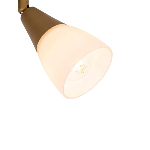Spotleuchte mit konischem Schirm aus weißem Glas und Metallfassung in Bronzeoptik.