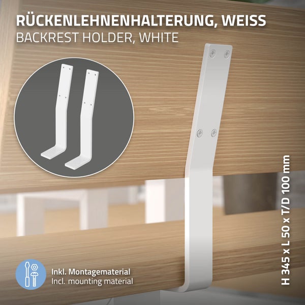 ML-Design 2 Stück Rückenlehnenhalterung, Weiß, aus Stahl, 345x90x50 mm, Bankrückenlehne, Banklehne, Rückenlehne zum Anschrauben, Metall Rücklehne Halterung Profil für Sitz-Bänke, Betten & Stühlen