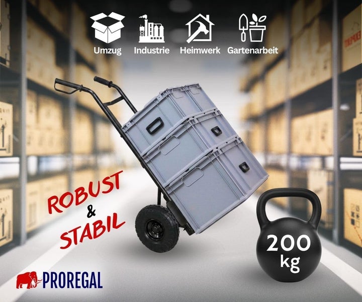 Proregal Sackkarre mit drei Euroboxen, Tragkraft bis 200 Kilogramm. Robuste Transportkarre für Umzug, Industrie, Heimwerk und Garten.