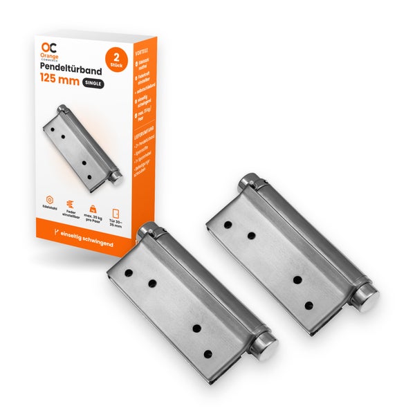 Set mit zwei Edelstahl Pendeltürbändern 125 Millimeter inklusive Montagezubehör in der Produktverpackung