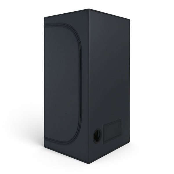 Schwarze Growbox aus Textil mit Reißverschluss und Belüftungsöffnung für die Pflanzenzucht im Innenbereich.