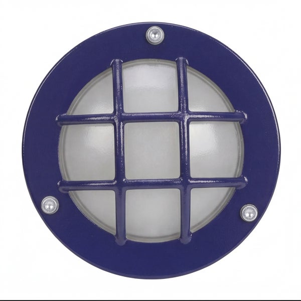 Runde blaue Außenleuchte aus Metall mit Schutzgitter für Wand oder Decke.