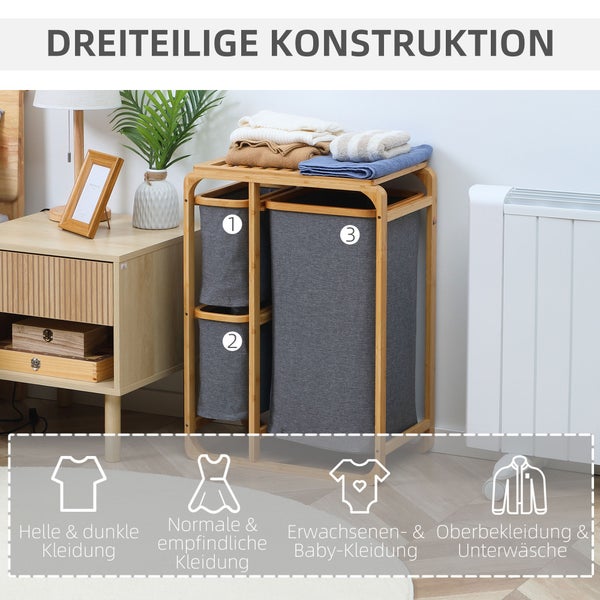 HOMCOM Wäschekorb Wäschebox mit Plattform Wäschesammler mit 3 abnehmbaren Wäschesacke Wäschesortierer für Schlafzimmer Badezimmer Bambus Grau+Natur 50 x 32 x 69,7 cm