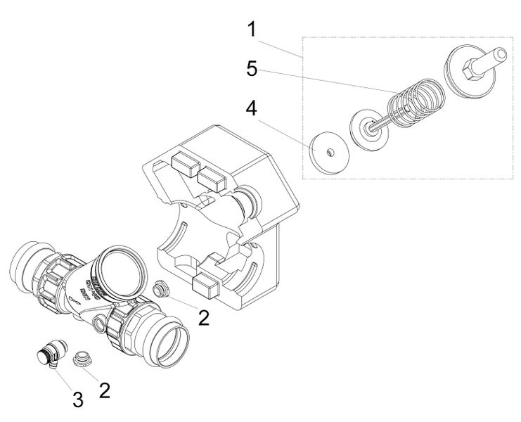 Explosionszeichnung einer Rohrarmatur mit nummerierten Einzelteilen von eins bis fünf zur Darstellung der Montage.