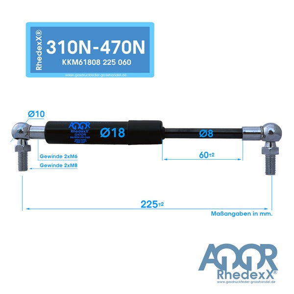 Gasdruckfeder RhedexX mit Kugelgelenken, 310 bis 470 Newton Kraft, 225 Millimeter Länge, 60 Millimeter Hub, Gewinde M6 und M8, RhedexX Logo.