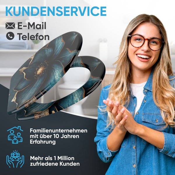 Kundenserviceinformationen mit E-Mail, Telefon, Familienerfahrung und zufriedenen Kunden, zusammen mit einem WC-Sitz