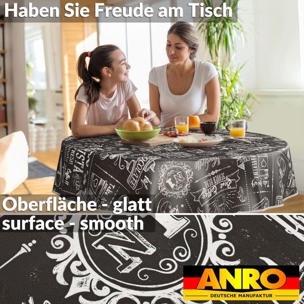 Szene mit Mutter und Tochter am Tisch mit einer runden, glatten Tischdecke mit Kaffeemotiv. ANRO Logo.