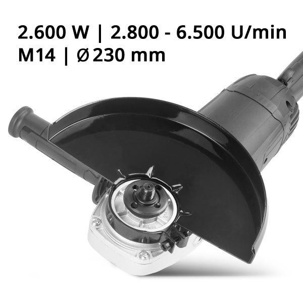 Winkelschleifer mit 2600 Watt Leistung und einem Scheibendurchmesser von 230 Millimeter.