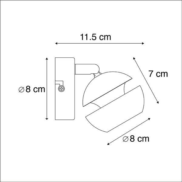 Technische Zeichnung einer Wandleuchte mit Maßen: Basis Durchmesser 8 Zentimeter, Gesamttiefe 11,5 Zentimeter, Schirm Durchmesser 8 Zentimeter.