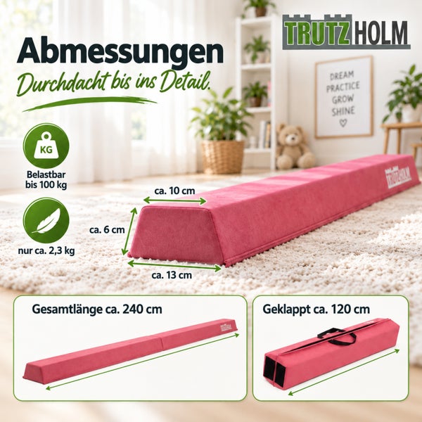 Trutzholm Balancebalken für Kinder mit Maßangaben Belastbarkeit bis 100 Kilogramm und Eigengewicht von circa 2,3 Kilogramm klappbar