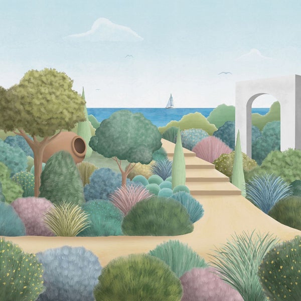 Illustration eines Gartens mit Weg zum Meer und einem Segelboot