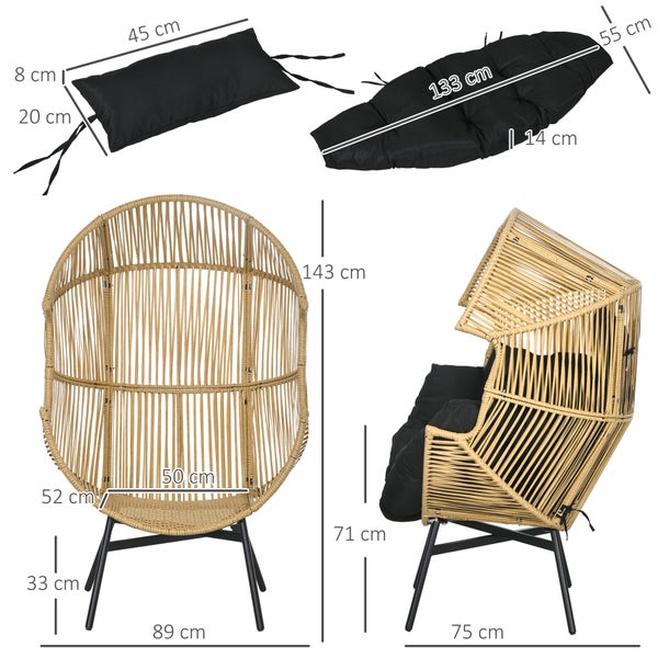 Outsunny Rattansessel, Rattan Korbsessel mit dickem Sitzkissen in Eiform, 120 kg belastbar, 89L x 75B x 143H cm, Stahl, PE Rattan, Sand