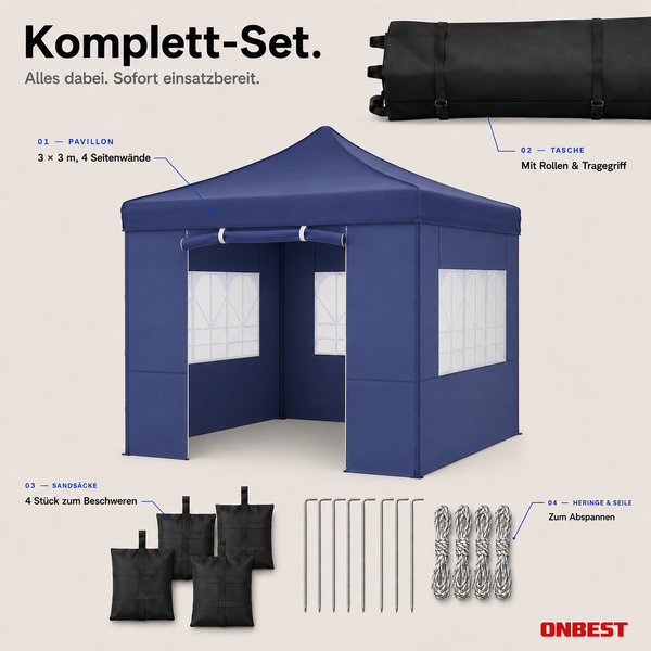 ONBEST Faltpavillon mit 150 Zentimeter breiter aufrollbarer Eingangstür und drei Fenstern mit den Maßen 200 mal 100 Zentimeter.