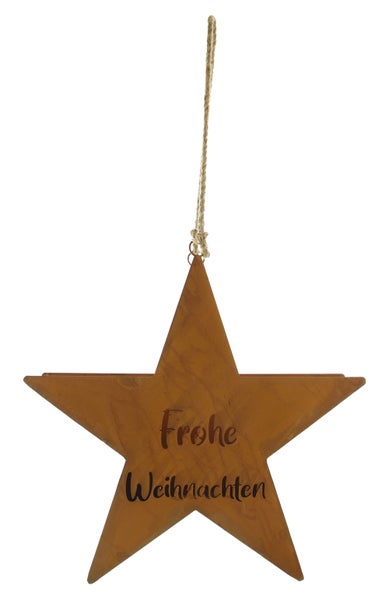 Dekorativer Stern mit der Aufschrift 'Frohe Weihnachten' zum Aufhängen