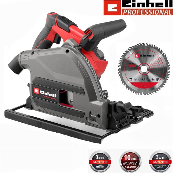 Einhell Professional Akku-Tauchsäge mit Sägeblatt, Einhell Professional Logo und Garantiesiegel für 3 Jahre auf Produkte und 10 Jahre auf den Motor.