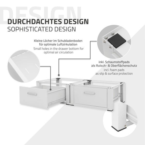 ML-Design Doppel Waschmaschinen Untergestell mit 2 Schubladen, Weiß, 128x53,5x31,5 cm, Waschmaschinen-Sockel 2-Fach 2x150 kg, Stahl, Doppeluntergestell Doppelpodest Sockel Erhöhung Trockner Unterbau