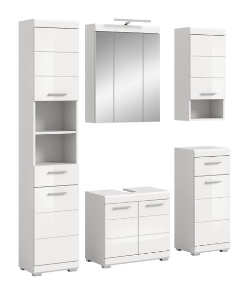 Badmöbel-Set in Weiß Hochglanz bestehend aus Hochschrank, Spiegelschrank mit Beleuchtung, Waschbeckenunterschrank und zwei Beistellschränken.