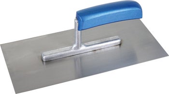 Glättkelle mit rechteckigem Blatt aus rostfreiem Stahl und ergonomischem Griff für Verputzarbeiten.