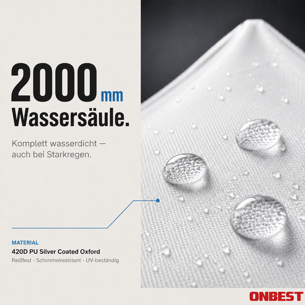 Nahaufnahme von wasserabweisendem 420 Denier Polyurethan beschichtetem Oxford Gewebe mit 2000 Millimeter Wassersäule. Onbest Logo.