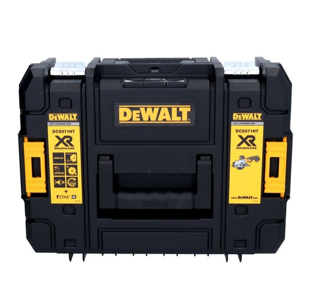DeWalt TSTAK Koffer für Akku Handkreissäge DCS571NT aus robustem Kunststoff mit Tragegriff und Verschlüssen.
