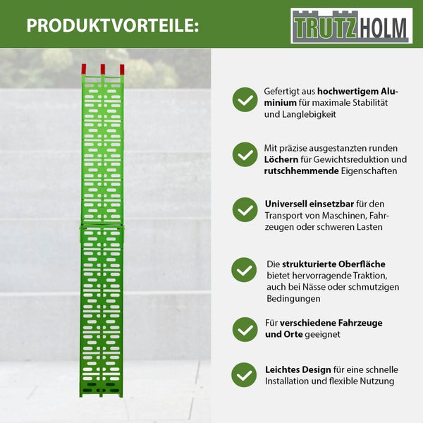 Grüne Aluminium-Auffahrrampe mit Löchern für Stabilität und Gewichtsreduktion